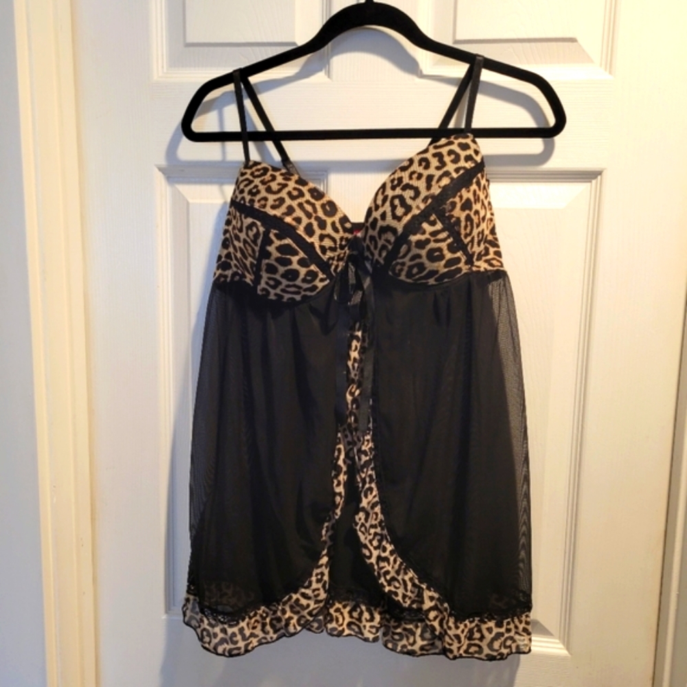 PUCKER UP Leopard Print & Lace Sheer Babydoll Lingerie Top, 2X